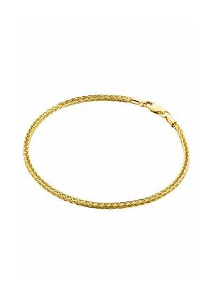 Bracciale d'oro con design intorto, dotato di un gancio sicuro, superficie liscia e motivo intrecciato, che mostra qualità riflettenti.