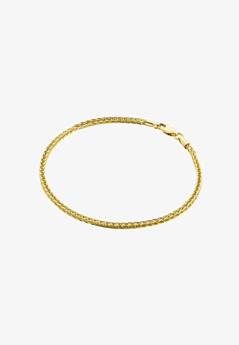 Auksinė apyrankė su suktinio dizainu, turinti saugų užsegimą, lygią tekstūrą ir pintą raštą, pasireiškianti atspindinčiomis savybėmis.