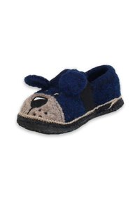 Blaue und graue Filzslipper in Form eines Hundes, mit Ohren, gestickten Gesichtszügen und einer strukturierten Gummisohle für guten Halt.