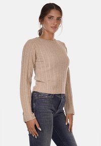 Maglione beige a coste con maniche lunghe, scollatura rotonda e design aderente. Il materiale sembra leggero con una leggera lucentezza.
