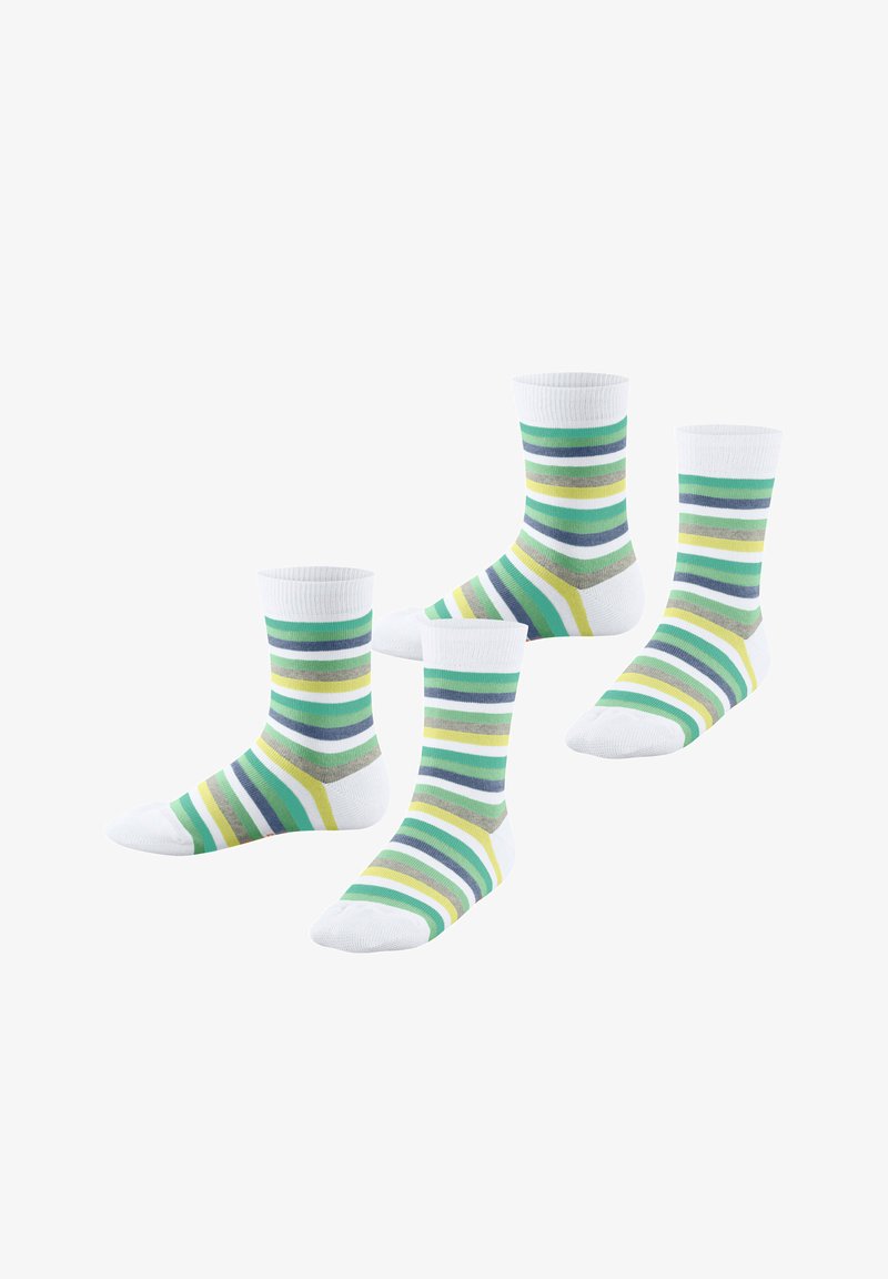 Quatre chaussettes blanches courtes avec des rayures horizontales vertes, jaunes, grises et bleues, disposées par paires sur un fond blanc.