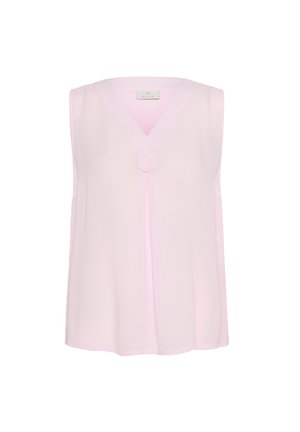 Top senza maniche in morbido tessuto rosa con scollatura a V e dettaglio di bottone. Presenta un design fluido con una sottile texture e una vestibilità ampia.