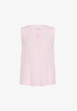 Kätiseta top pehmest roosas kangast V-kujulise kaelusega ja nööbi kaunistusega. Omab voolavat disaini koos peene tekstuuriga ja vabalt langevat lõiget.