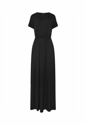 Robe maxi noire en tissu doux, avec des manches courtes, une taille cintrée et une jupe fluide. Design simple sans motifs visibles.