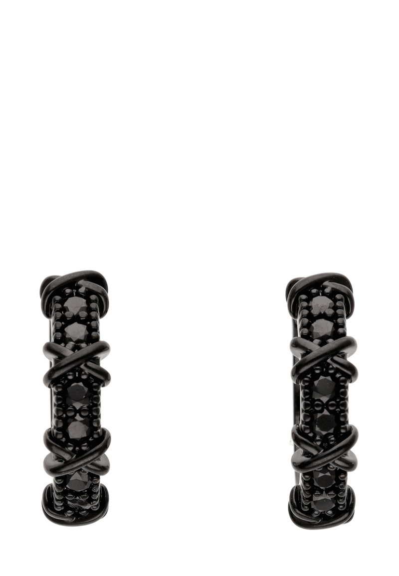 Schwarze Ohrringe mit einem gedrehten Design und glatten sowie strukturierten Oberflächen, akzentuiert durch kleine facettierte Elemente für zusätzliche Details.