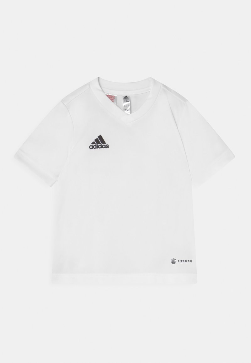 Weißes Kurzarm-Trikot mit V-Ausschnitt, das über das schwarze Adidas-Logo und das Aeroready-Label am Saum verfügt, aus leichtem Material hergestellt.