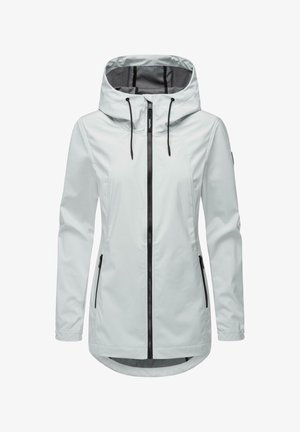 Veste blanche légère avec capuche, fermeture éclair centrale, accents noirs et poches latérales. Texture lisse avec un ourlet arrière plus long.