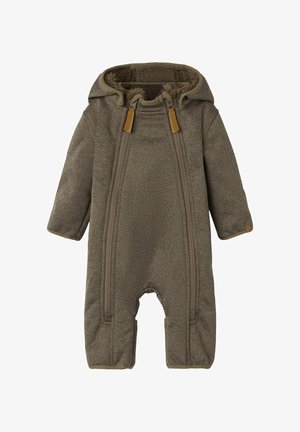 Rudas kūdikio romperis su gobtuvu, dvigubais priekiniais užtrauktukais ir minkštu vilnoniu pamušalu šaltam orui.