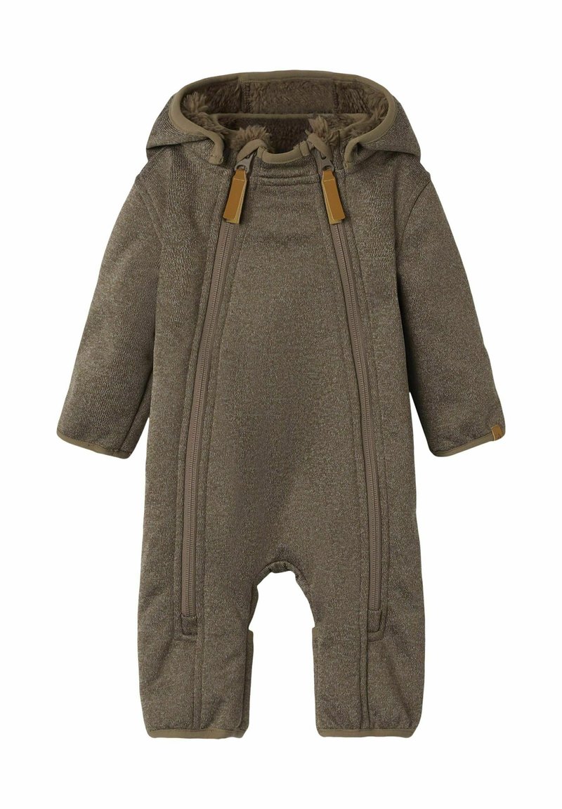 Hnědý baby overal s kapucí, dvojitými předními zipy a měkkou fleecovou podšívkou, ideální do chladného počasí.