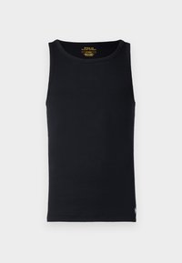 Juodas medvilnės be rankovių marškinėlis su apvalia iškirpte. Papuoštas mažo logotipo akcentu šalia apatinio krašto.