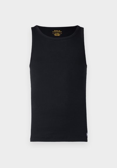 Črni bombažni top brez rokavov z okroglim izrezom. Ima majhen logotip blizu spodnjega roba.
