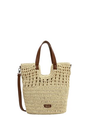 Beżowa torebka na szydełku z brązowymi skórzanymi uchwytami i odpinanym paskiem na ramię.