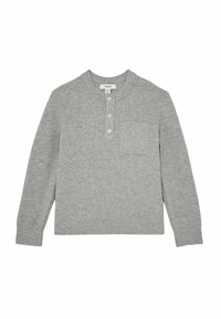 Camisa de manga larga de canalé gris con tres botones y un bolsillo en el pecho, con cuello redondo y dobladillo recto.