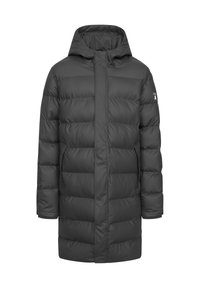 Cappotto imbottito nero con cappuccio, caratterizzato da un design a trapunta rettangolare, chiusura frontale con zip e tasche laterali. Tessuto liscio e taglio di lunghezza media.