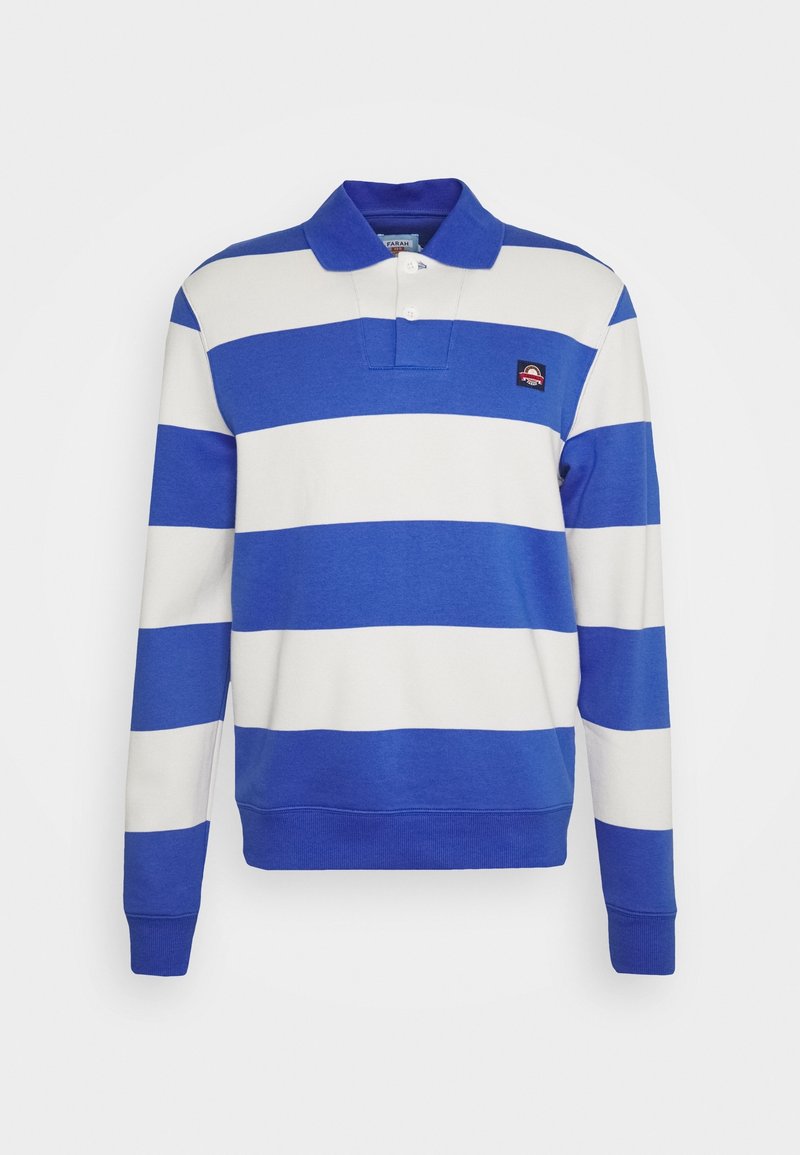 Polo shirt à manches longues rayé bleu et blanc avec un col, présentant un petit logo brodé sur la poitrine et des poignets côtelés.