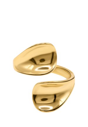 Anello aperto in oro lucido con estremità lisce, arrotondate e asimmetriche che si fronteggiano su uno sfondo bianco.