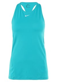 Mitsíkový sportovní top bez rukávů Nike Dri-FIT v tyrkysové barvě s designem závodního zadního dílu a bílým logem Nike na přední části.