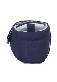 Navy blue fabric shoe with a rounded shape, elastic opening, white lining, and a rear pull tab for easy wear. Soft and flexible texture.