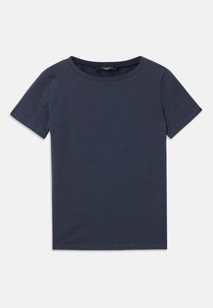 Marineblå t-skjorte med korte ermer laget av myk bomull. Har rund hals og et enkelt, rettsnitt design.