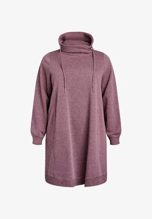 Lila huvtröja klänning med hög krage, långa ärmar och dragsko. Tillverkad av mjukt tyg med avslappnad passform och sidofickor.