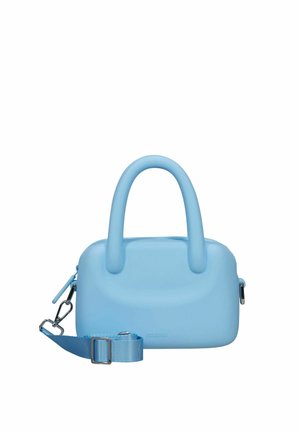 Borsa rettangolare azzurro chiaro con bordi arrotondati, doppie maniglie, tracolla regolabile e staccabile e chiusura con cerniera.