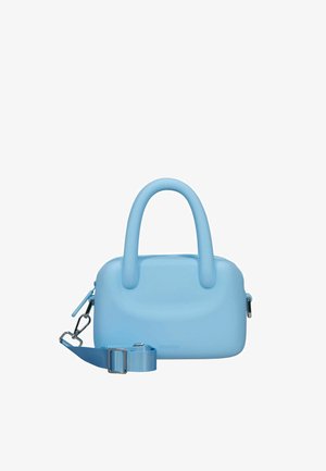 Borsa rettangolare azzurro chiaro con bordi arrotondati, doppie maniglie, tracolla regolabile e staccabile e chiusura con cerniera.