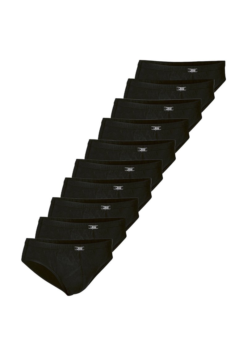 Svarta bomullsboxershorts i ett paket med tio. Har en mjuk textur, elastisk midjeband och en liten märkesetikett på vänster framsida.