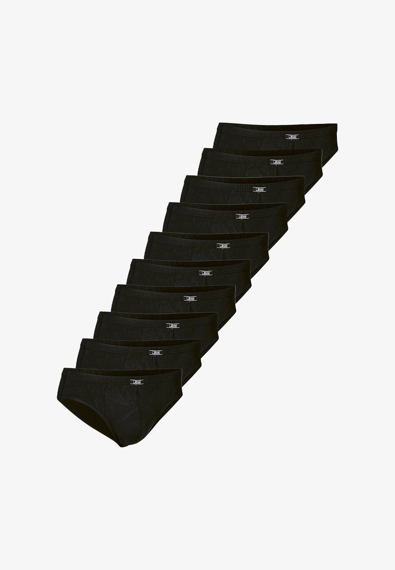 Svarta bomullsboxershorts i ett paket med tio. Har en mjuk textur, elastisk midjeband och en liten märkesetikett på vänster framsida.