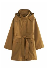 Bruine, knielange jas met een riem, grote kraag en drukknopen. Voorzien van ruime voorzakken en een gestreepte voering.