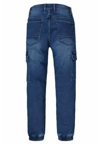 Rückansicht von dunkelblauen Jeans-Cargo-Hosen mit elastischen Bündchen, zwei Gesäßtaschen und seitlichen Klapptaschen an jedem Bein.