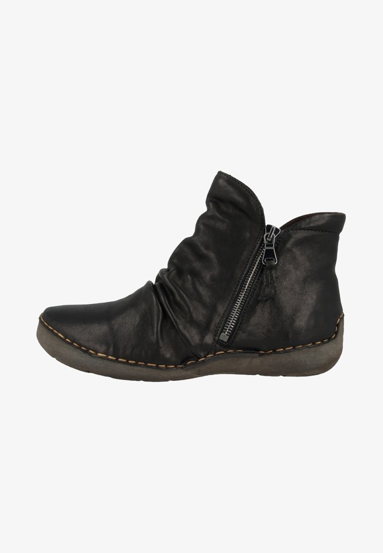 Black leather ankle boot featuring a wrinkled design, side zipper, and a textured gray sole with visible stitching detail.