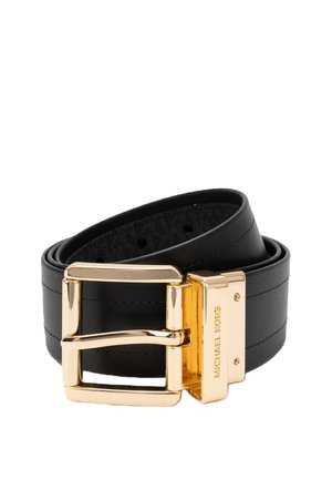 Black leather belt with a gold metal buckle. The buckle features a rectangular design and engraved brand name on the side. Smooth texture.
