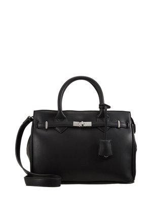 Black leather handbag with top handles, silver clasp, detachable shoulder strap, and hanging key holder accessory.