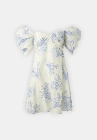 Vestido amarelo claro com mangas bufantes grandes e um corpete justo, apresentando um padrão de coral azul em todo o vestido. Silhueta em A, tecido texturizado.