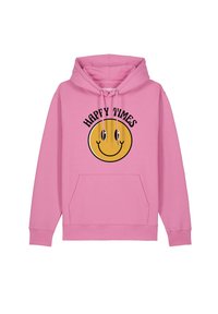 Roze hoodie van een katoenmix, met een voorzak, een capuchon met trekkoord, en een grote gele glimlachende gezicht grafiek met de tekst "HAPPY TIMES".