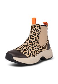 Ankel čizme u leopard uzorku s bež elastičnom bočnom površinom, tamnosmešnim vrhom i živopisnim narančastim povlačenjem. Teksturirani materijal s gumiranim đonom.