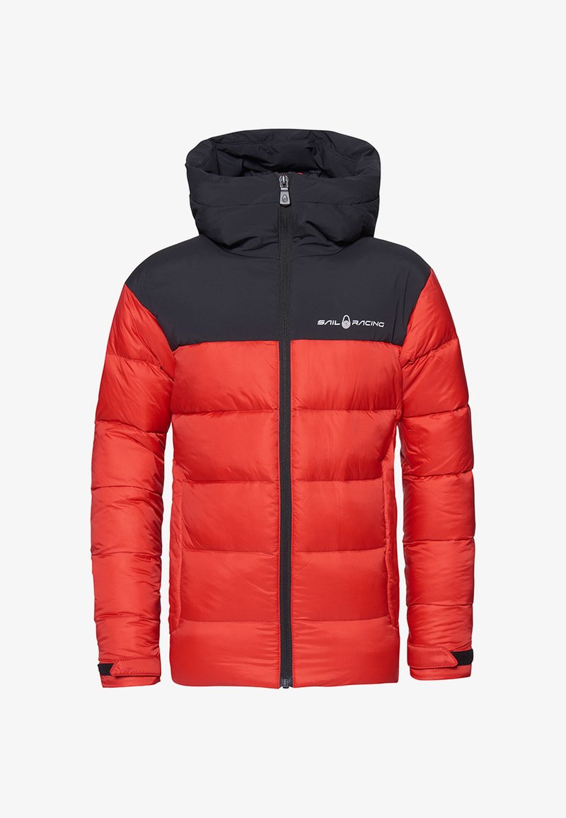 Red and black puffy jacket with a zip front, detachable hood, horizontal quilting, and logo on the chest. Features cinched cuffs.
