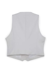 Gilet bianco con texture liscia e senza maniche, caratterizzato da un disegno posteriore semplice e un orlo curvo. Cuciture minime visibili.