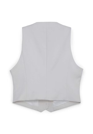 Veste blanche à texture lisse sans manches, présentant un design arrière simple et un ourlet incurvé. Coutures minimales visibles.