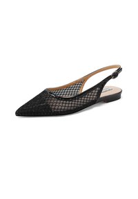 Scarpa slingback in rete nera con punta appuntita, caratterizzata da un motivo a griglia testurizzato e un tacco basso, fibbia regolabile e interno beige.