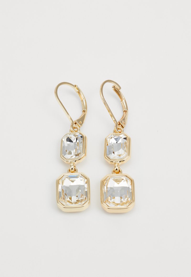 Boucles d'oreilles pendantes dorées avec deux cristaux transparents taille carrée, reliés par des maillons ovales, et dotées d'une fermeture à crochet.
