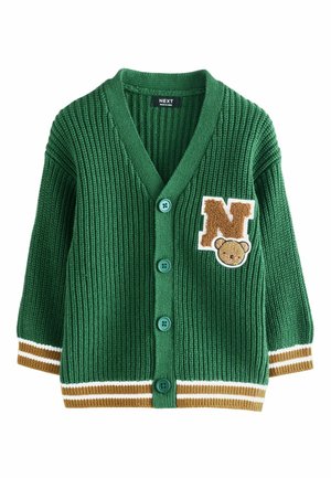 Green knitted cardigan with a V-neck, featuring a bear and "N" patch, turquoise buttons, and white and brown striped cuffs and hem.