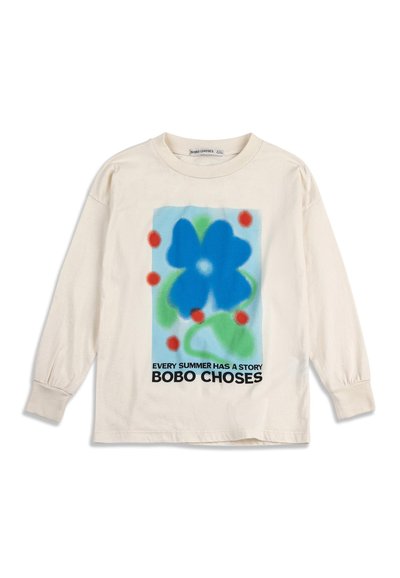 Cream long-sleeve shirt with blue flower, green leaves, red dots, and text "Every summer has a story BOBO CHOSES" on front.