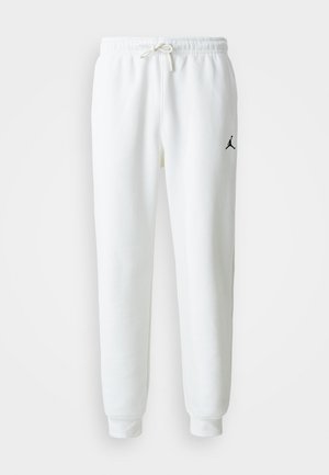 White sweatpants made of soft cotton blend, featuring an elastic waistband with drawstring and a small black logo on the left thigh.