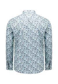 Herenoverhemd met lange mouwen in een blauw, grijs en wit abstract geometrisch patroon, met knoopmanchetten en een vent aan de rug.