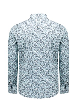 Herenoverhemd met lange mouwen in een blauw, grijs en wit abstract geometrisch patroon, met knoopmanchetten en een vent aan de rug.