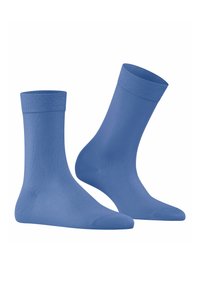 Blaue Knöchelstrümpfe aus glattem, dehnbarem Stoff. Mit geripptem Bündchen und nahtlosem Zehenbereich. Einfach und einfarbig ohne Muster.
