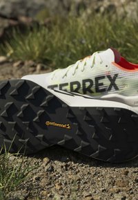 Άσπρα παπούτσια διαδρομής Terrex με ανθεκτικές μαύρες σόλες Continental τοποθετημένα σε βραχώδες έδαφος σε εξωτερικό χώρο.