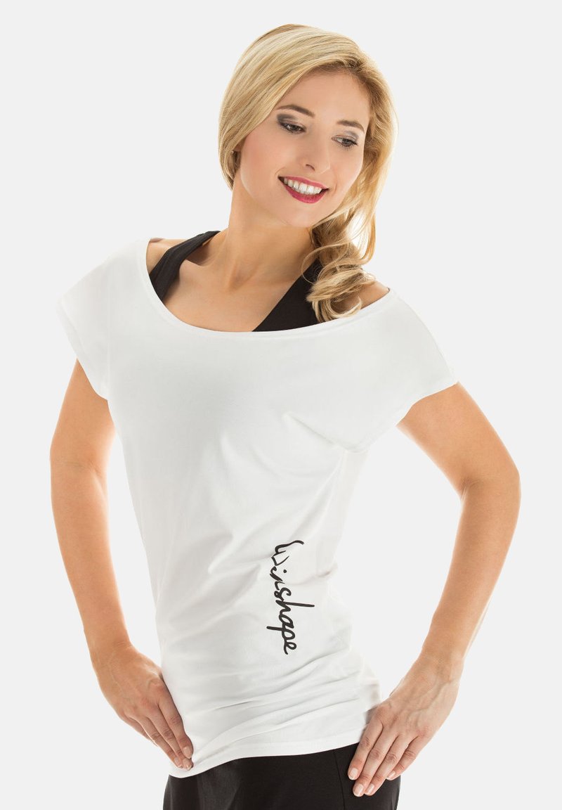 White short-sleeve t-shirt with a relaxed fit, featuring a black "wishape" logo on the left side and a round neckline.