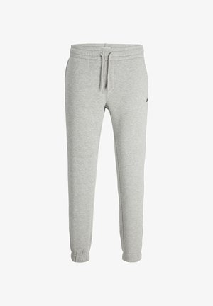 Light gray sweatpants with elastic waistband, drawstring, side pockets, and elastic cuffs at ankles, designed for casual wear.